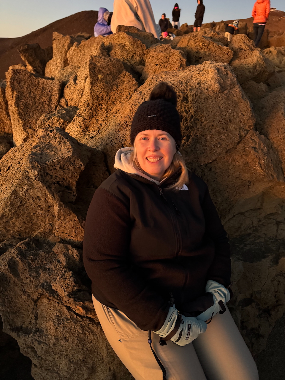 Cat sitting on rocks at Haleakalā sunrise.