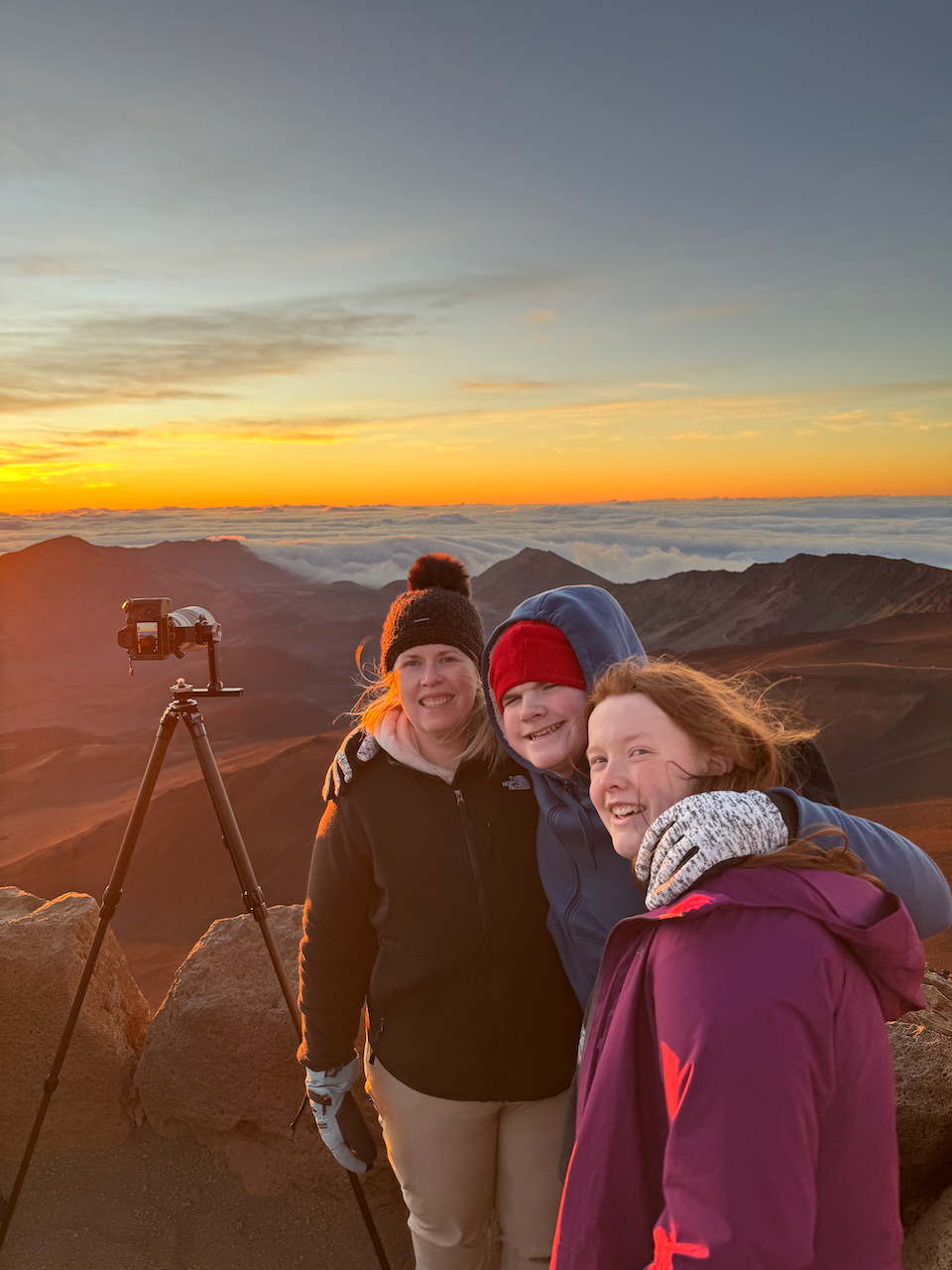 Cat, Collin, and Cameron at Haleakalā sunrise overlook.