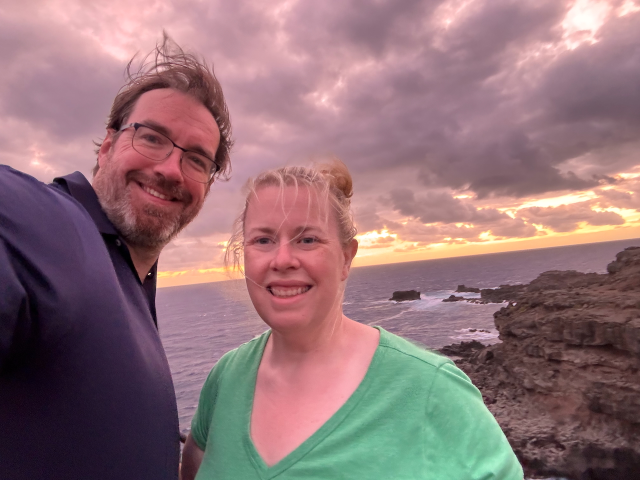 Cat and Chris at sunrise by Nakalele Blowhole.