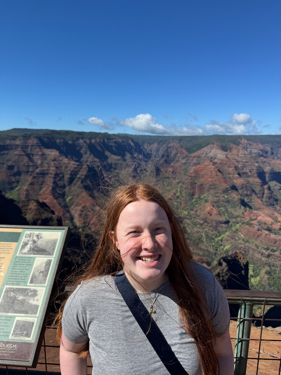 Cameron smiling at the Waimea Canyon Lookout with the cliffs and valley behind her.