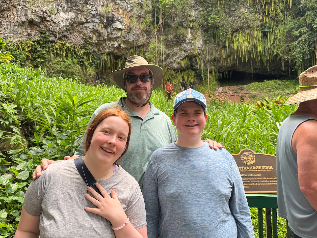Chris, Collin, and Cameron in front of the Fern Grotto on Kauaʻi.