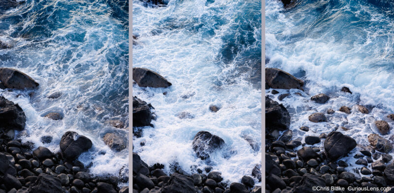 Triptych of waves washing over the rocky shoreline at Lipoa Ridge, Maui, showing subtle shifts in water patterns, textures, and colors.