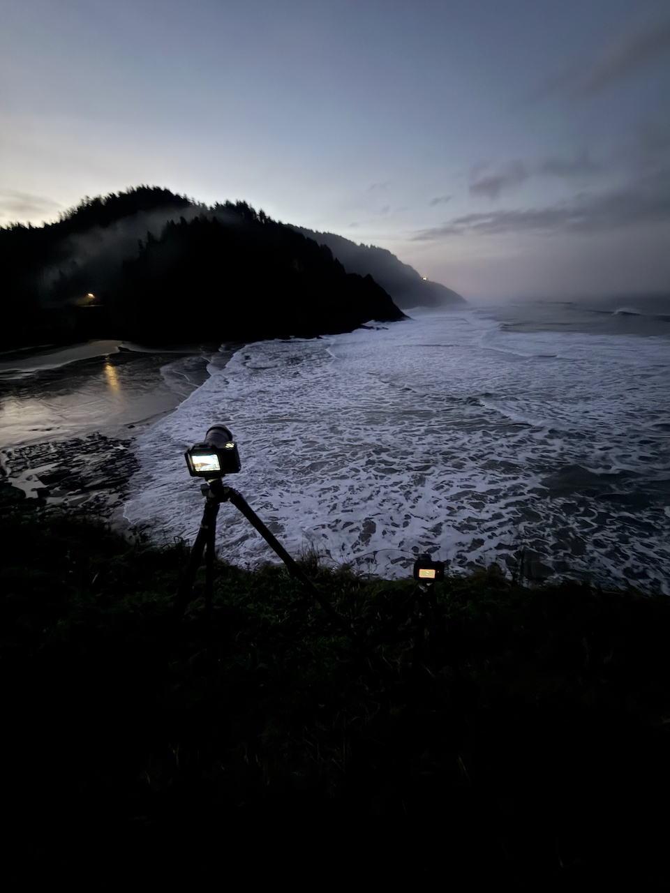Camera setup at Heceta Head Lighthouse before sunrise on the Oregon Coast