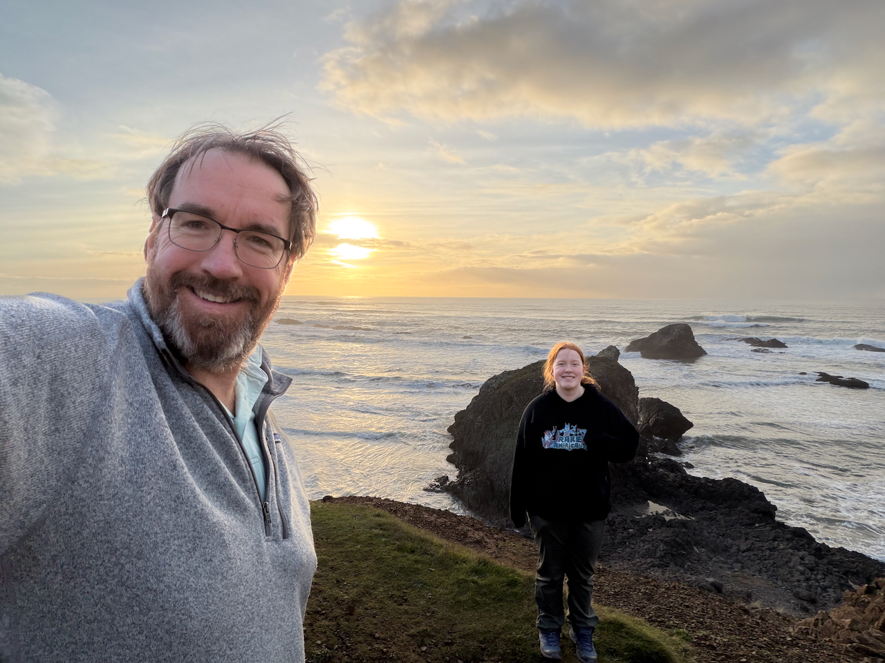 Chris and Cameron at Seal Rock during sunset on the Oregon Coast