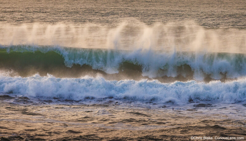 Large wave breaking at Seal Rock with blue-green water and sea spray at sunset