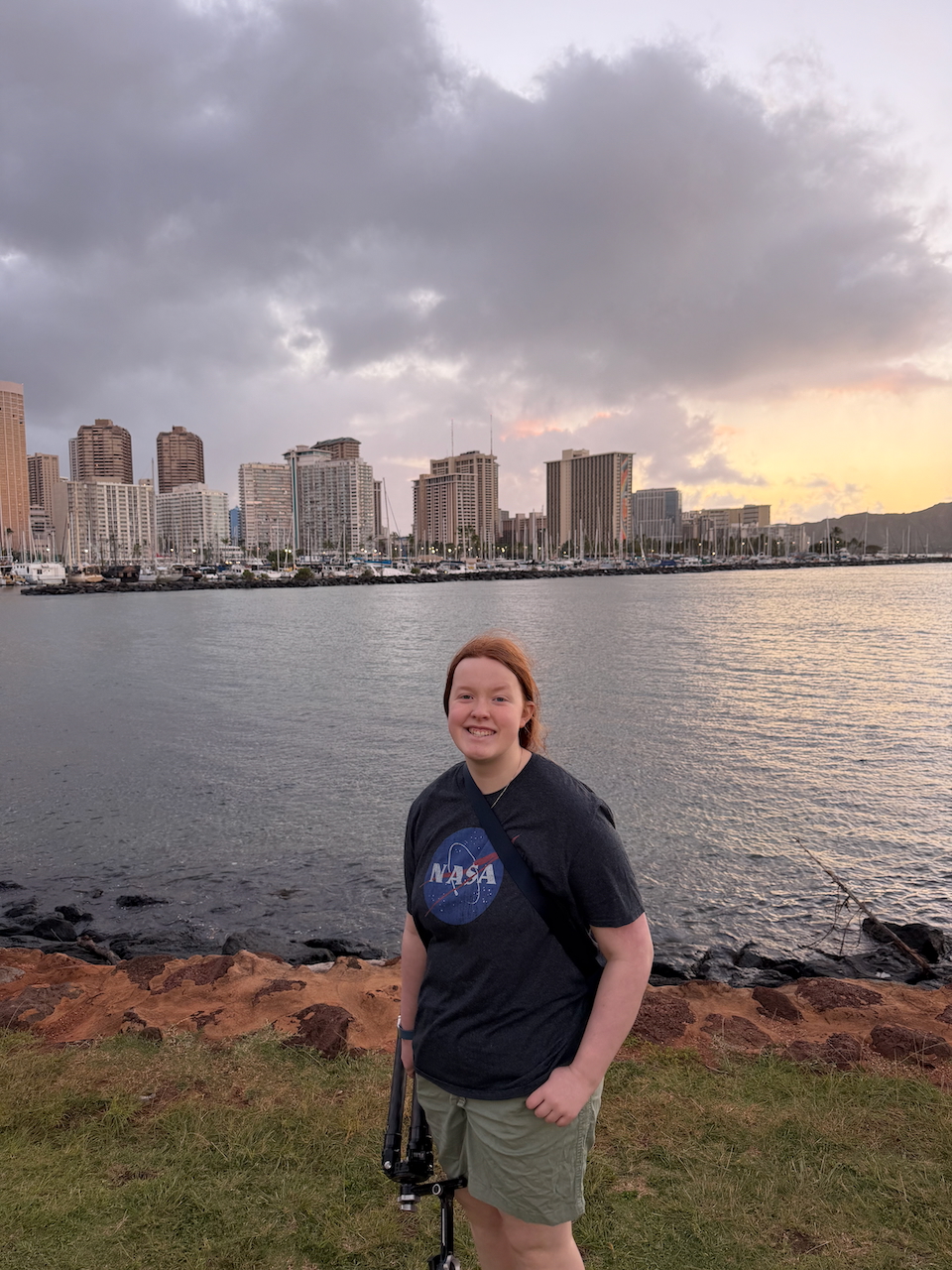 Cameron at sunrise overlooking Waikiki from Ala Moana Beach Park.