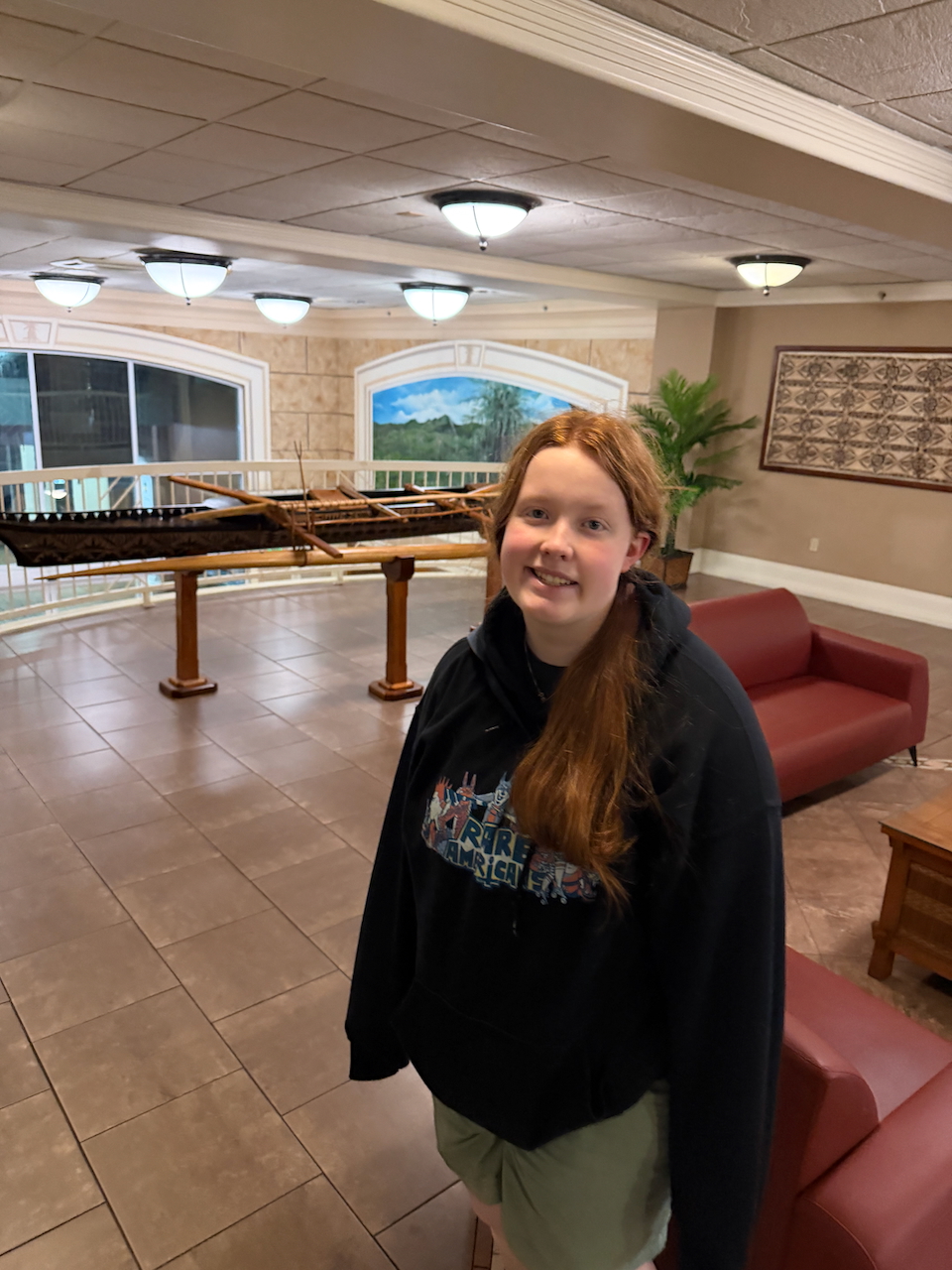 Cameron in the lobby of the Trade Winds Hotel in American Samoa.