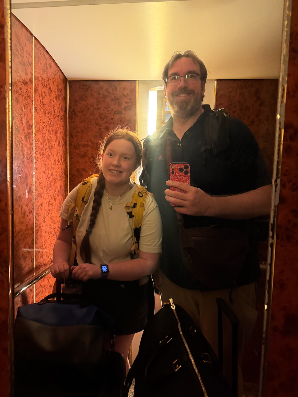 Chris and Cameron in the elevator at the Trade Winds Hotel.