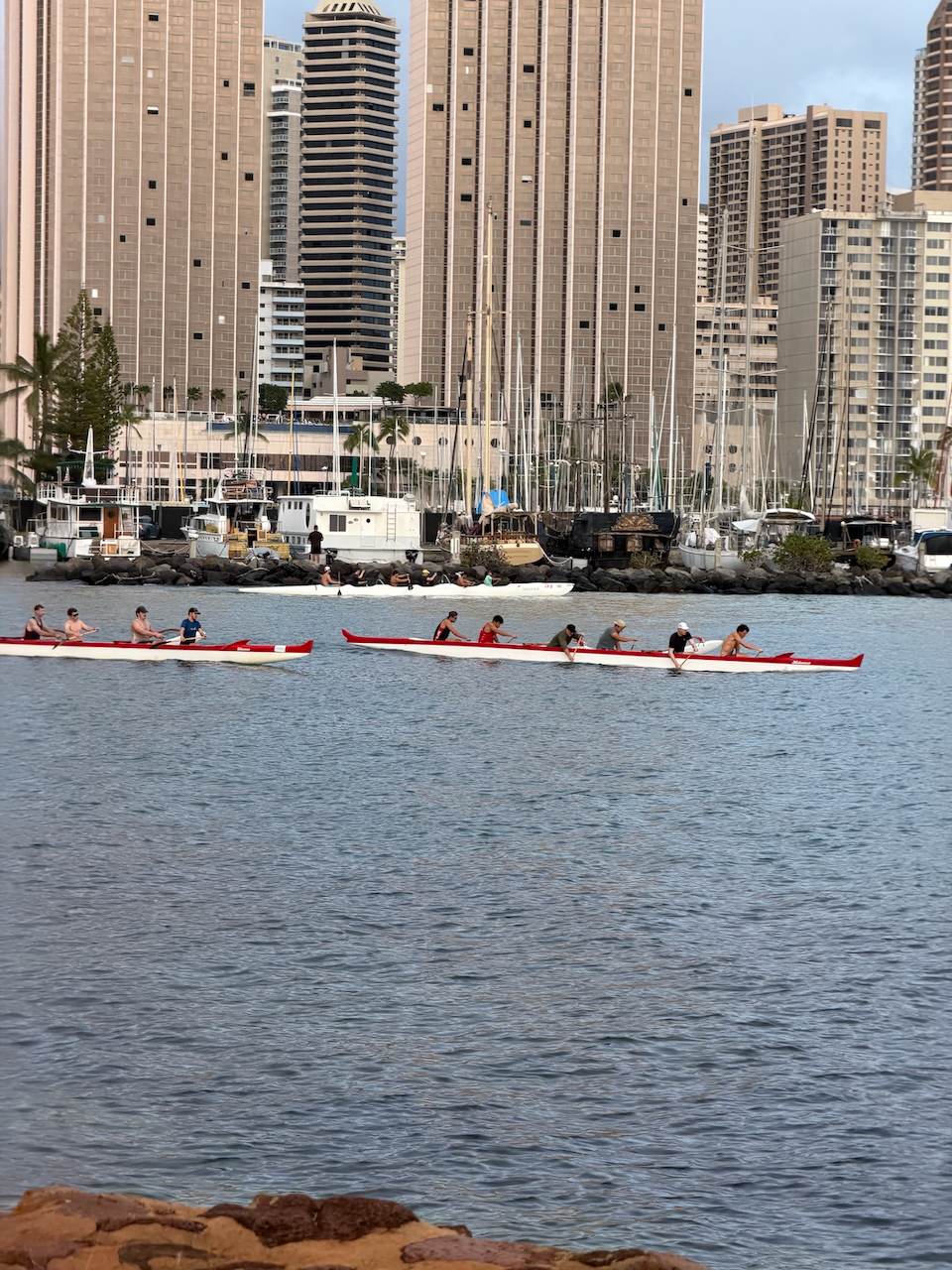Rowers on the water near Waikiki.