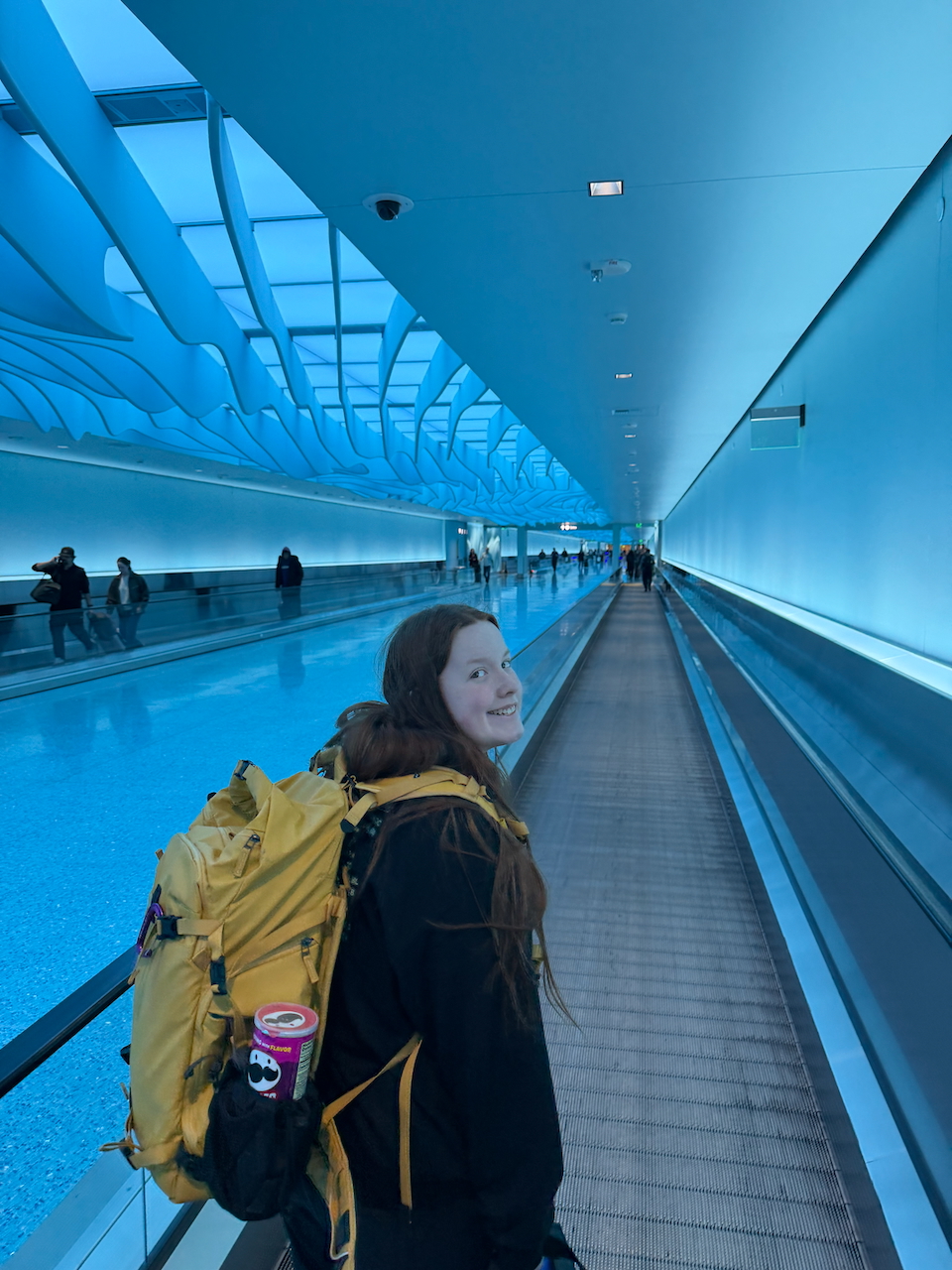 Cameron on the people mover at Salt Lake City International Airport.