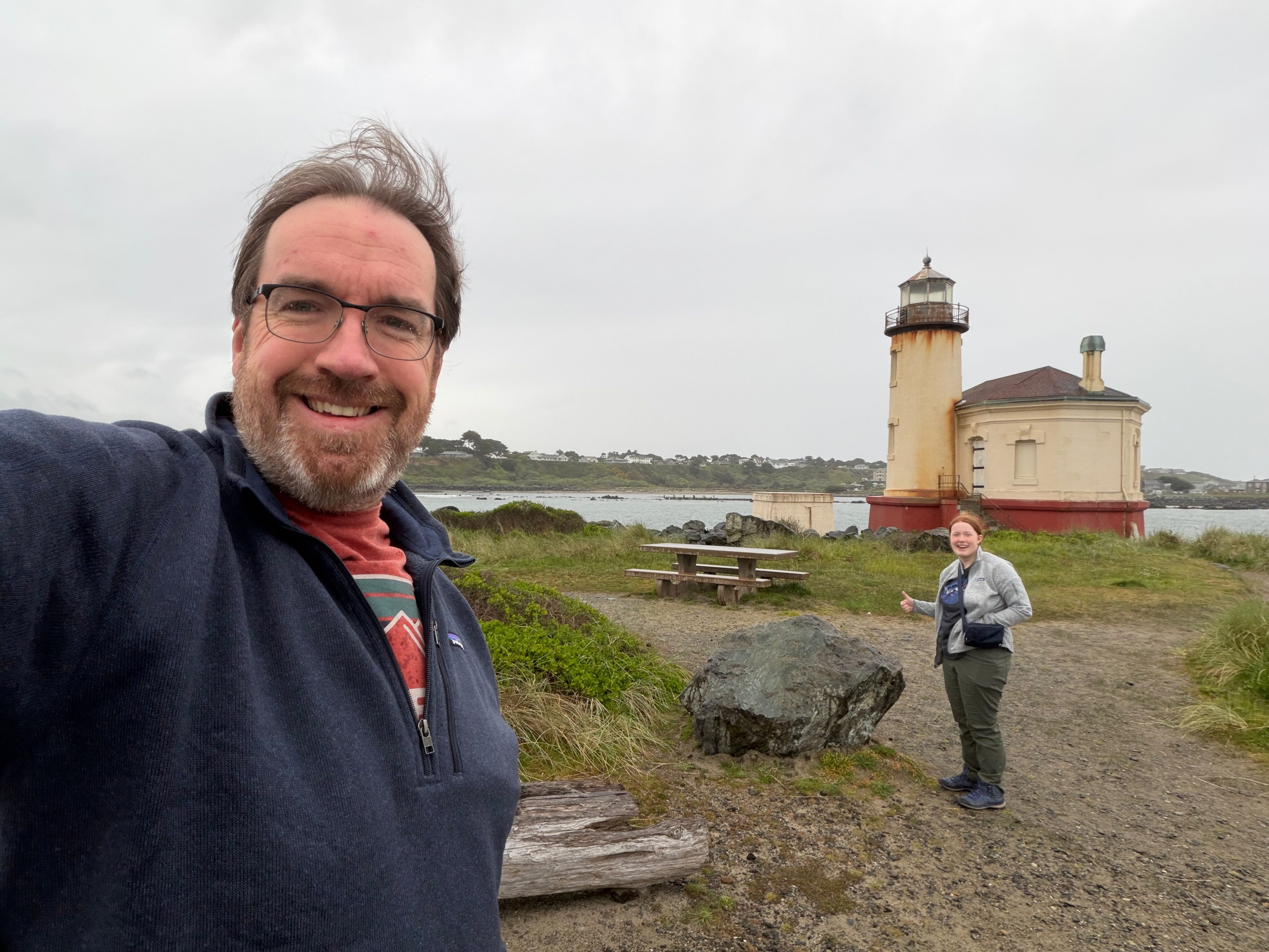 Cami visiting Coquille River Lighthouse near Bandon, Oregon.
