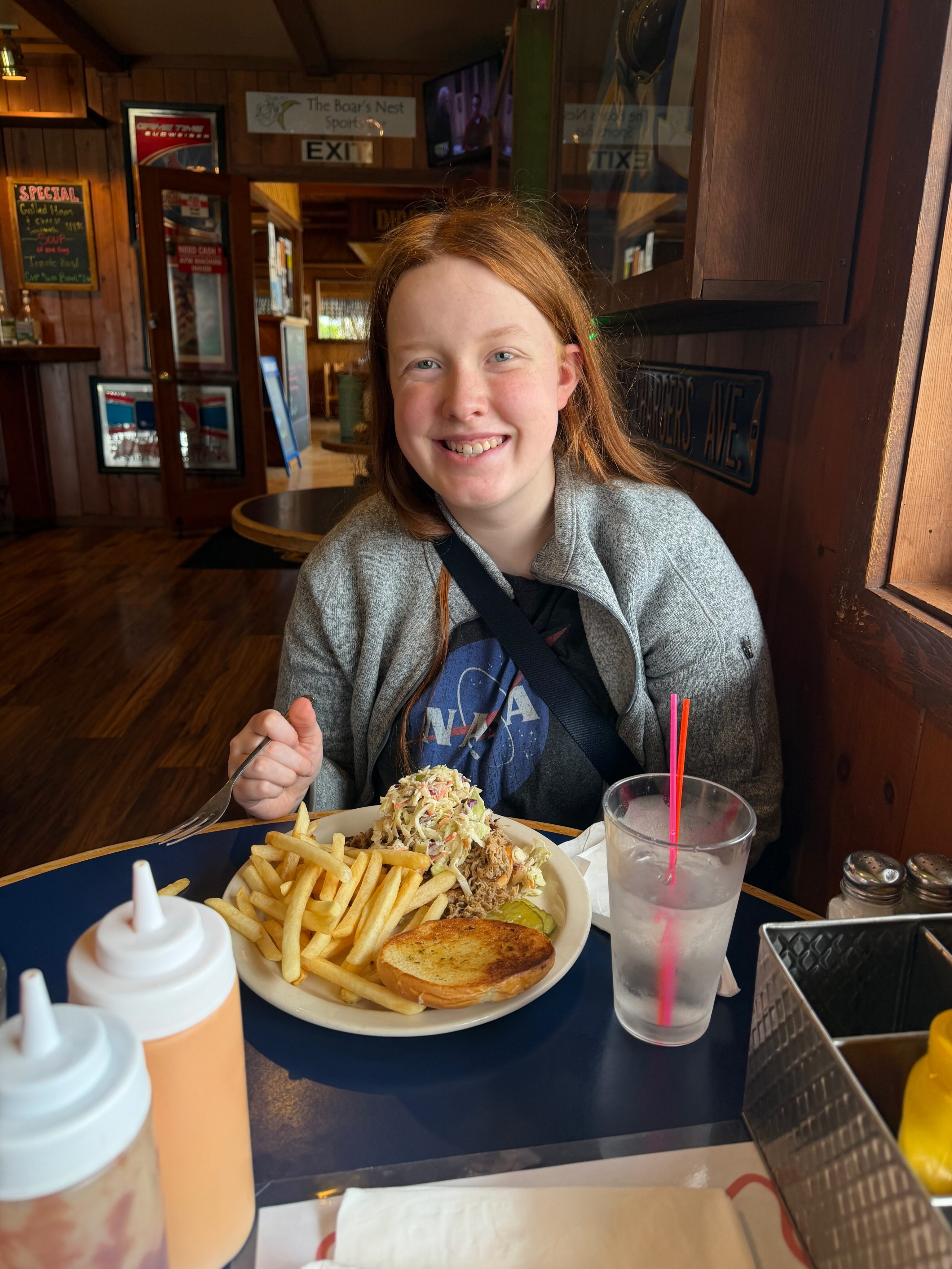Cami eating lunch at Billy Smoothboars BBQ in Bandon, Oregon.