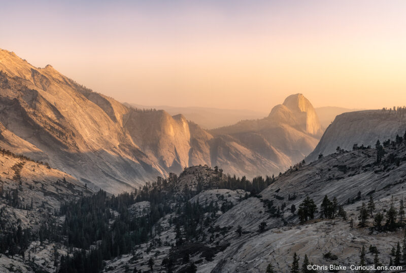 Golden-hour panorama from Olmsted Point overlooking Half Dome and Yosemite’s granite landscape.